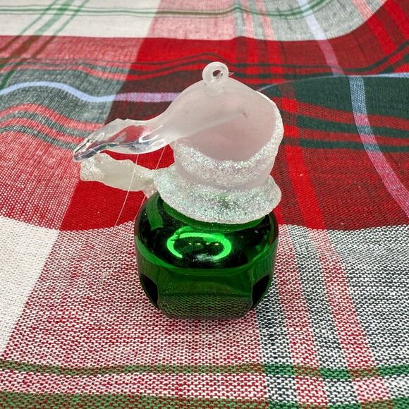 Christmas Ornament Green Jingle Bell Snowman Frosted and Glitter - Picture 2 of 2